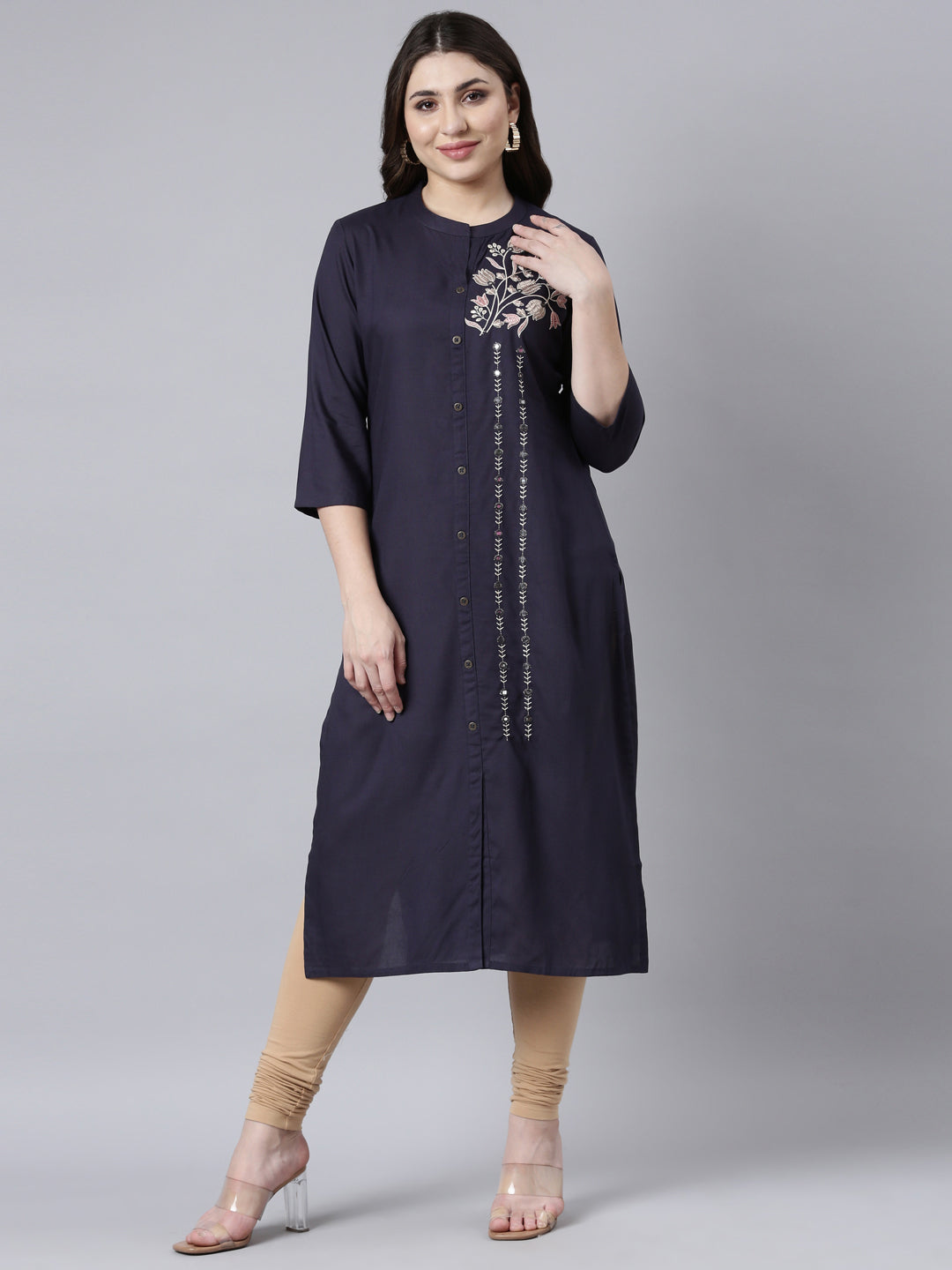 Neerus Blue Regular Straight Solid Kurtas