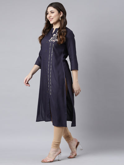 Neerus Blue Regular Straight Solid Kurtas