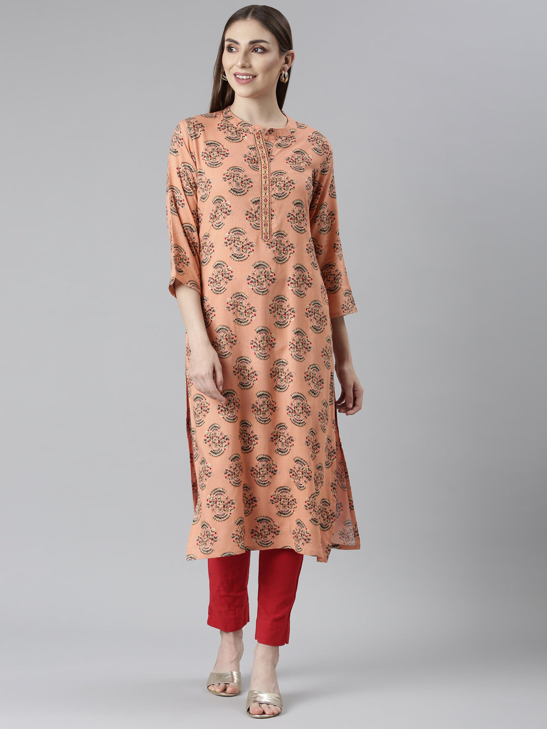 Neeru's Peach Regular Straight Floral Kurtas