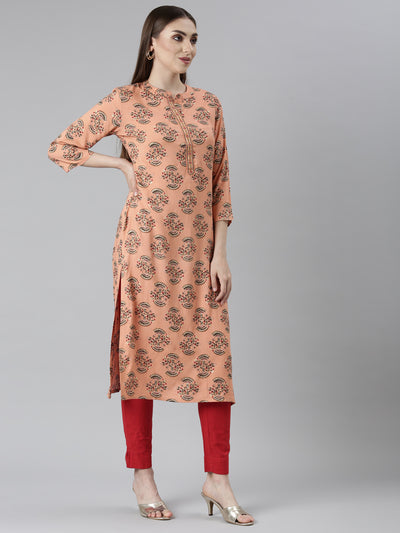 Neeru's Peach Regular Straight Floral Kurtas