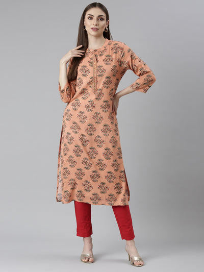 Neeru's Peach Regular Straight Floral Kurtas