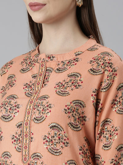 Neeru's Peach Regular Straight Floral Kurtas