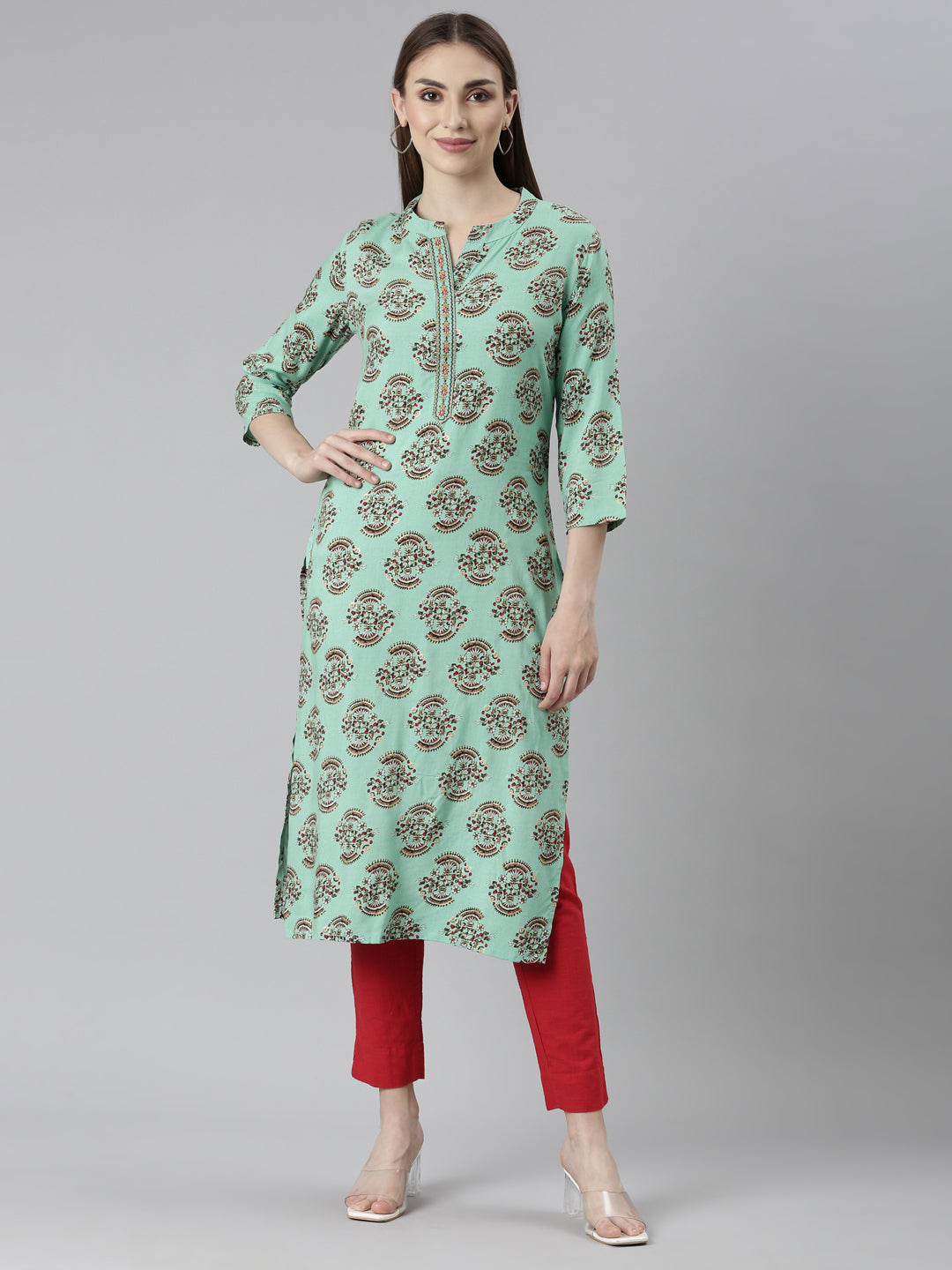 Neeru's Sea Green Regular Straight Floral Kurtas