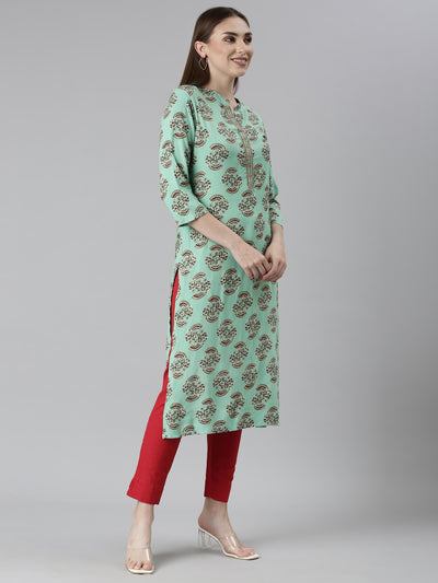 Neeru's Sea Green Regular Straight Floral Kurtas