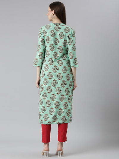 Neeru's Sea Green Regular Straight Floral Kurtas