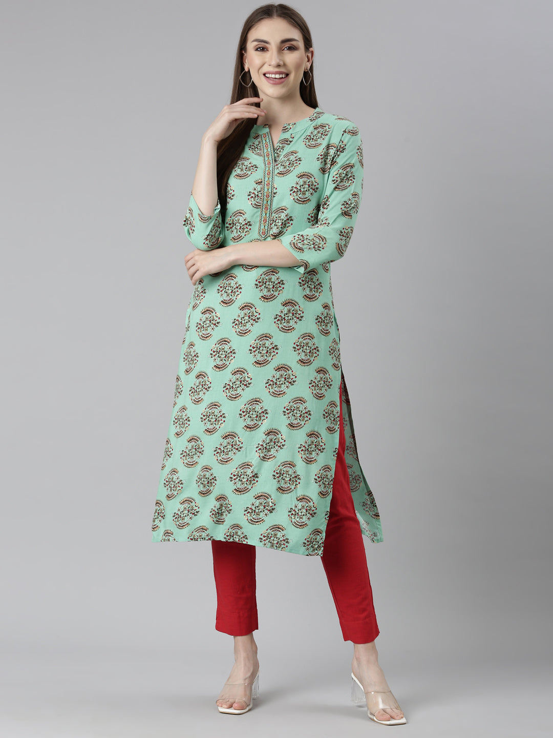 Neeru's Sea Green Regular Straight Floral Kurtas