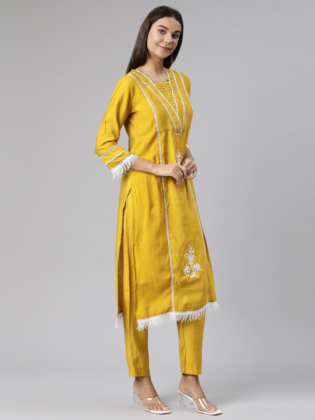 Neeru's Mustard Regular Straight Floral Readymade suits