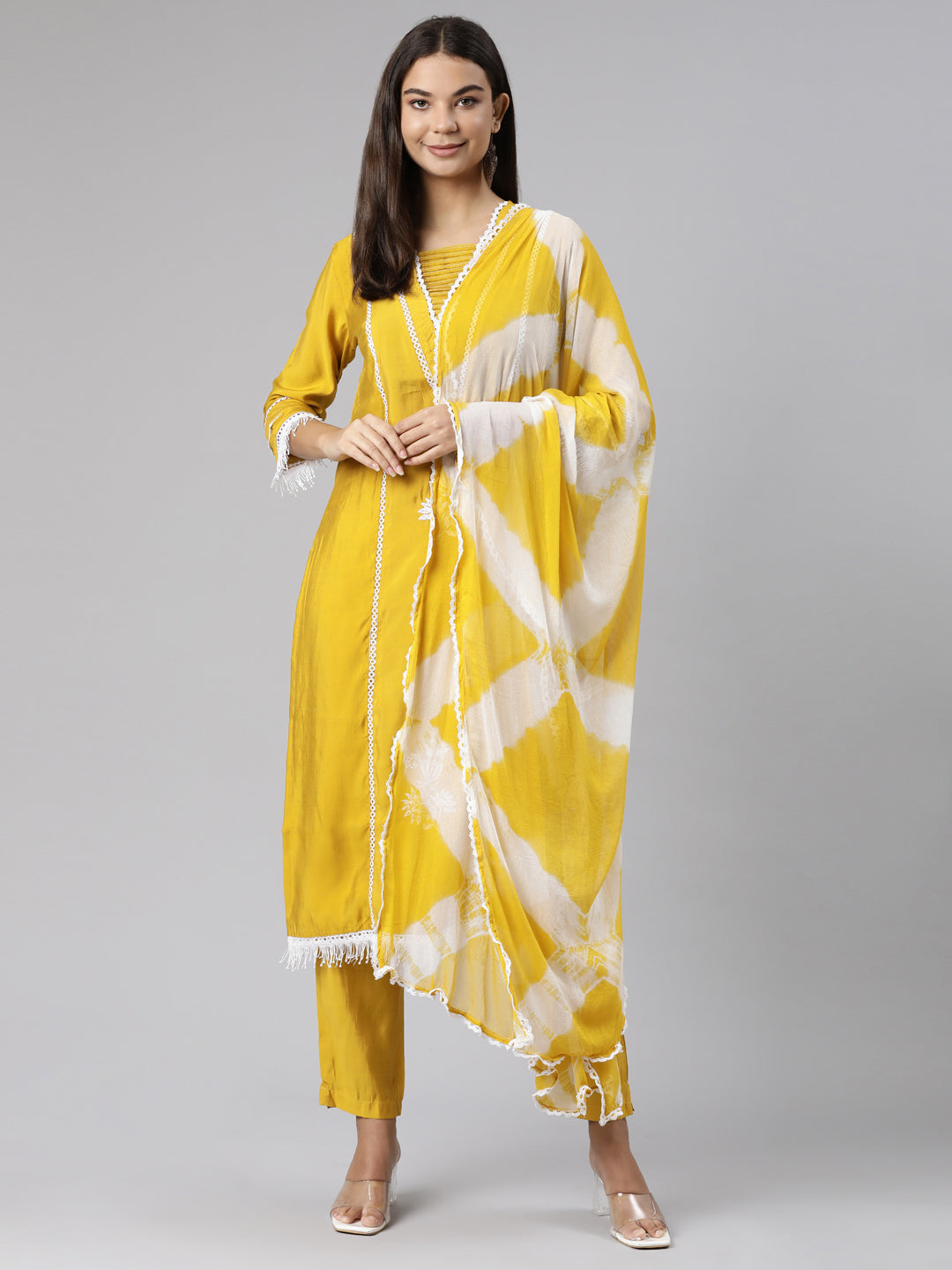 Neeru's Mustard Regular Straight Floral Readymade suits