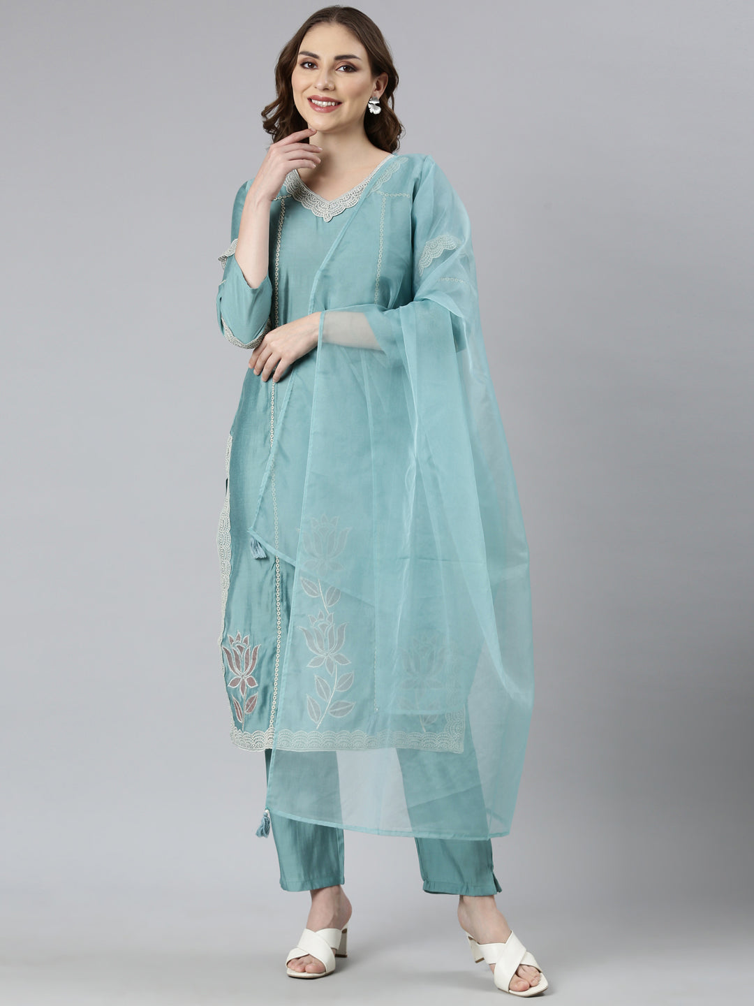 Neerus Blue Regular Straight Floral Kurta And  Trousers With Dupatta