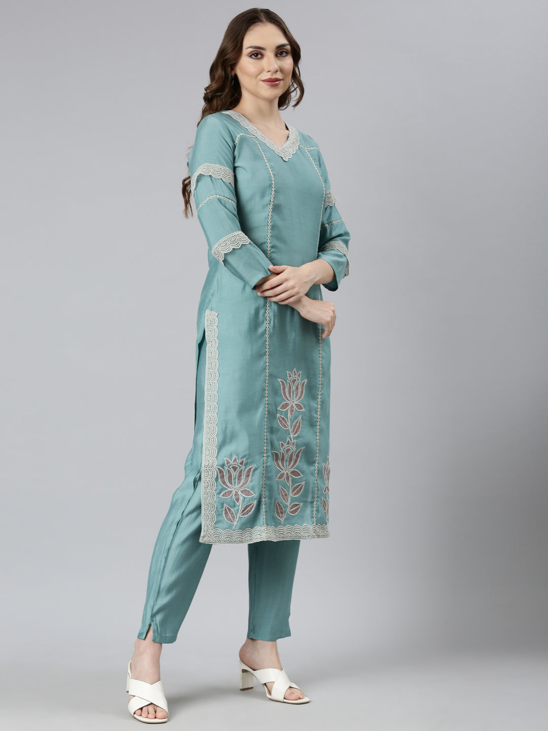 Neerus Blue Regular Straight Floral Kurta And  Trousers With Dupatta