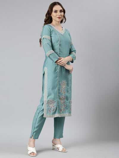 Neerus Blue Regular Straight Floral Kurta And  Trousers With Dupatta