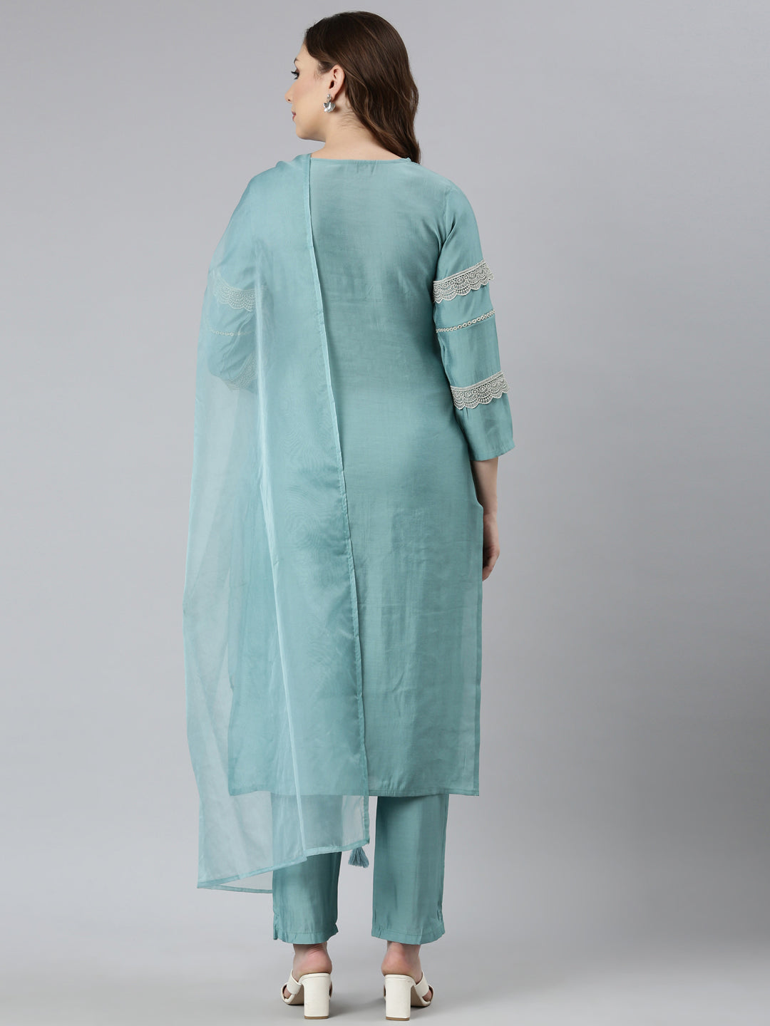 Neerus Blue Regular Straight Floral Kurta And  Trousers With Dupatta