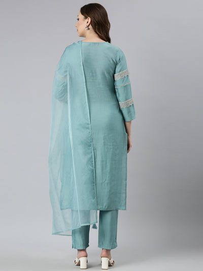 Neerus Blue Regular Straight Floral Kurta And  Trousers With Dupatta