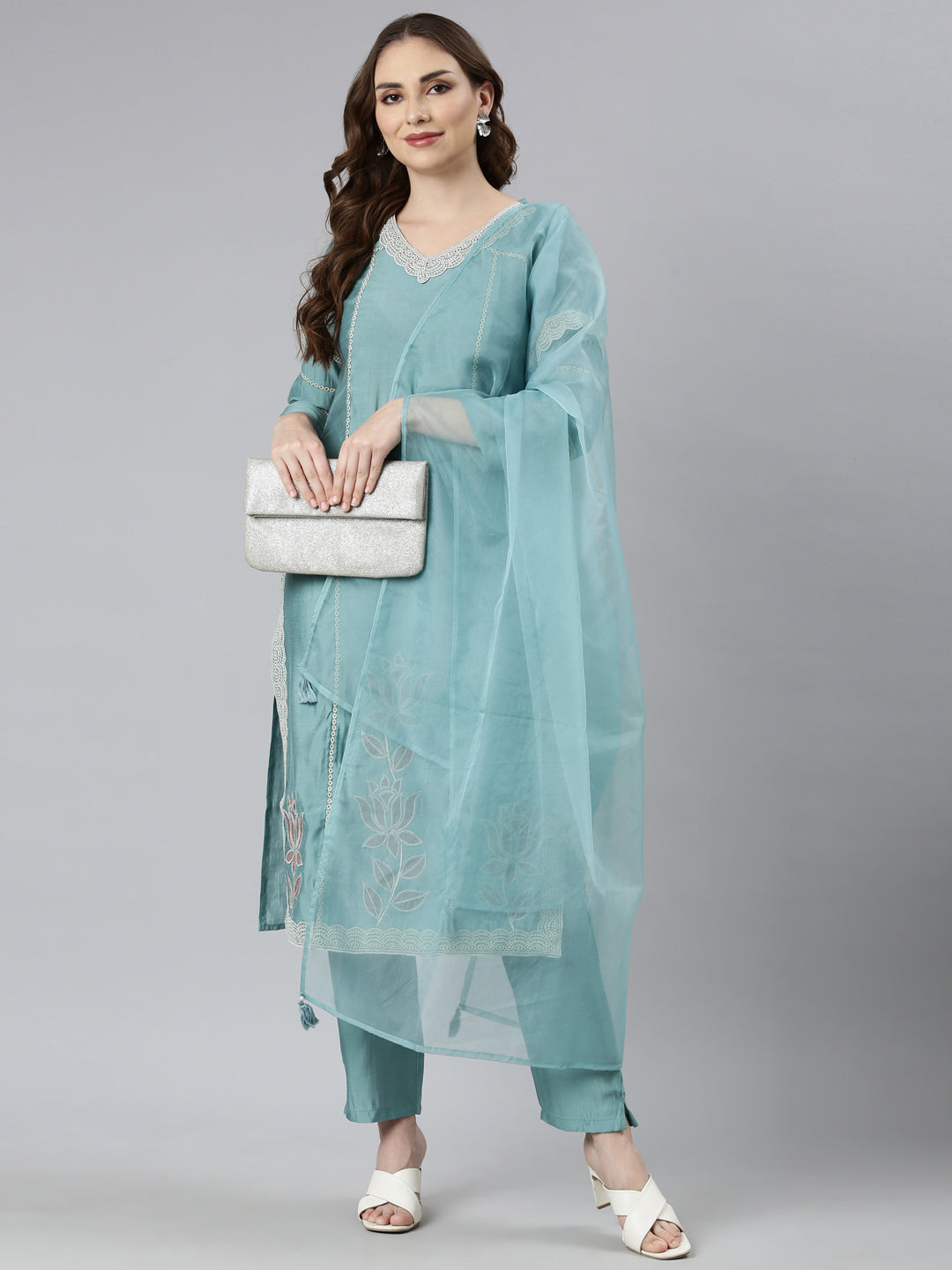 Neerus Blue Regular Straight Floral Kurta And  Trousers With Dupatta