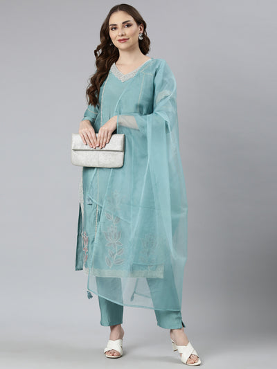 Neerus Blue Regular Straight Floral Kurta And  Trousers With Dupatta