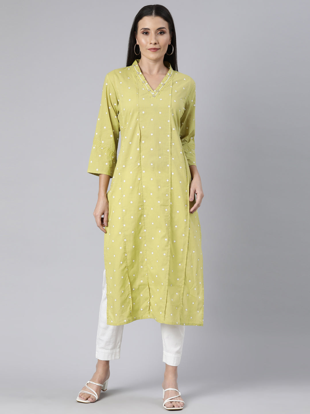 Neerus Green Panelled Straight Floral Kurtas