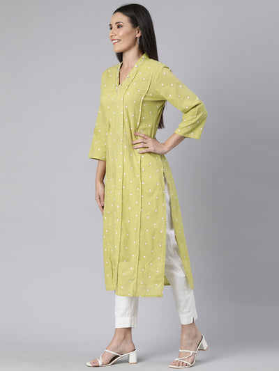 Neerus Green Panelled Straight Floral Kurtas