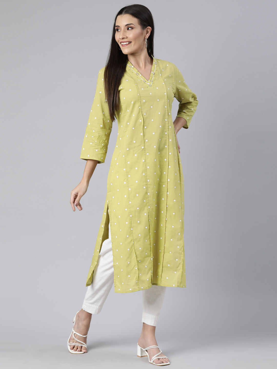 Neerus Green Panelled Straight Floral Kurtas