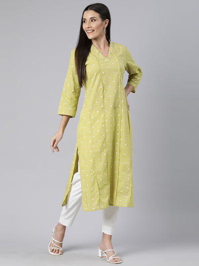 Neerus Green Panelled Straight Floral Kurtas