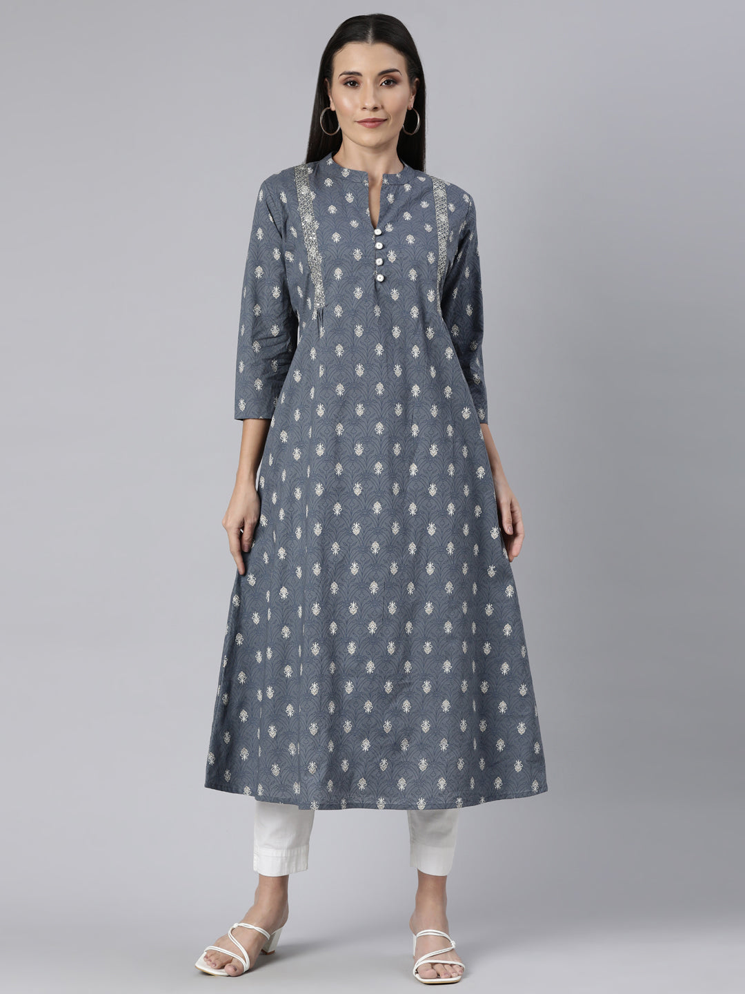 Neerus Grey Regular Straight Floral Kurtas