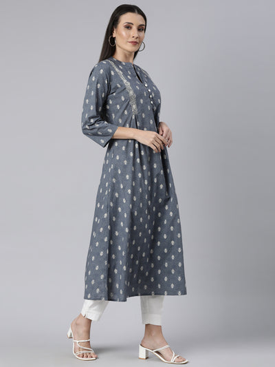 Neerus Grey Regular Straight Floral Kurtas