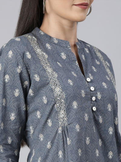 Neerus Grey Regular Straight Floral Kurtas