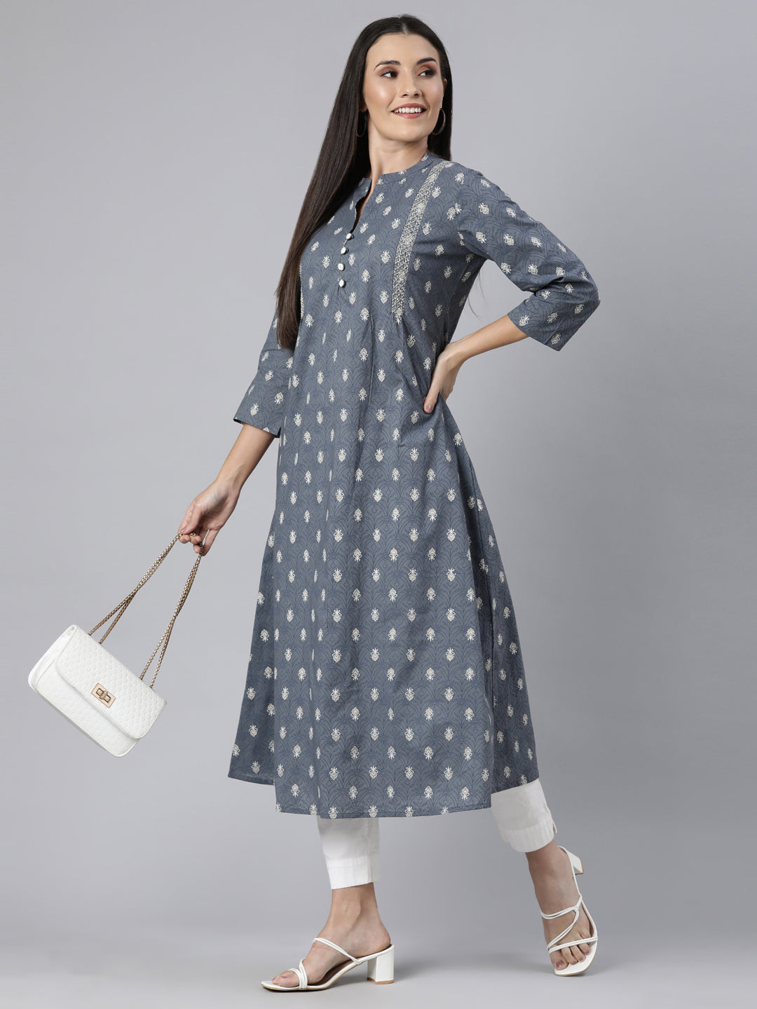 Neerus Grey Regular Straight Floral Kurtas