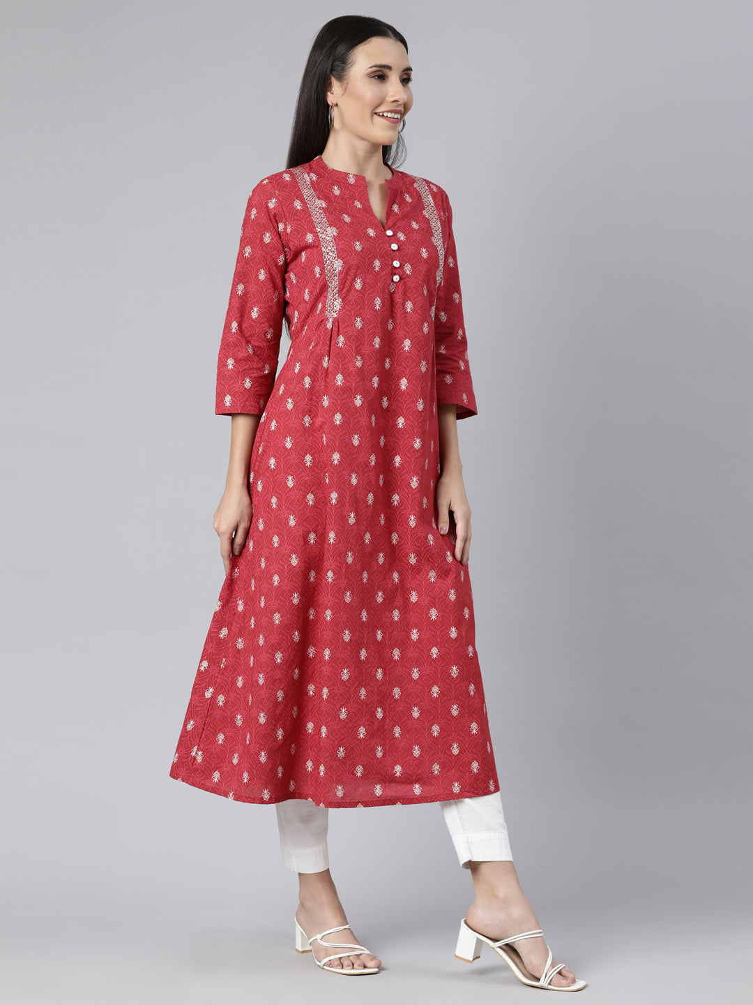 Neerus Pink Regular Straight Floral Kurtas