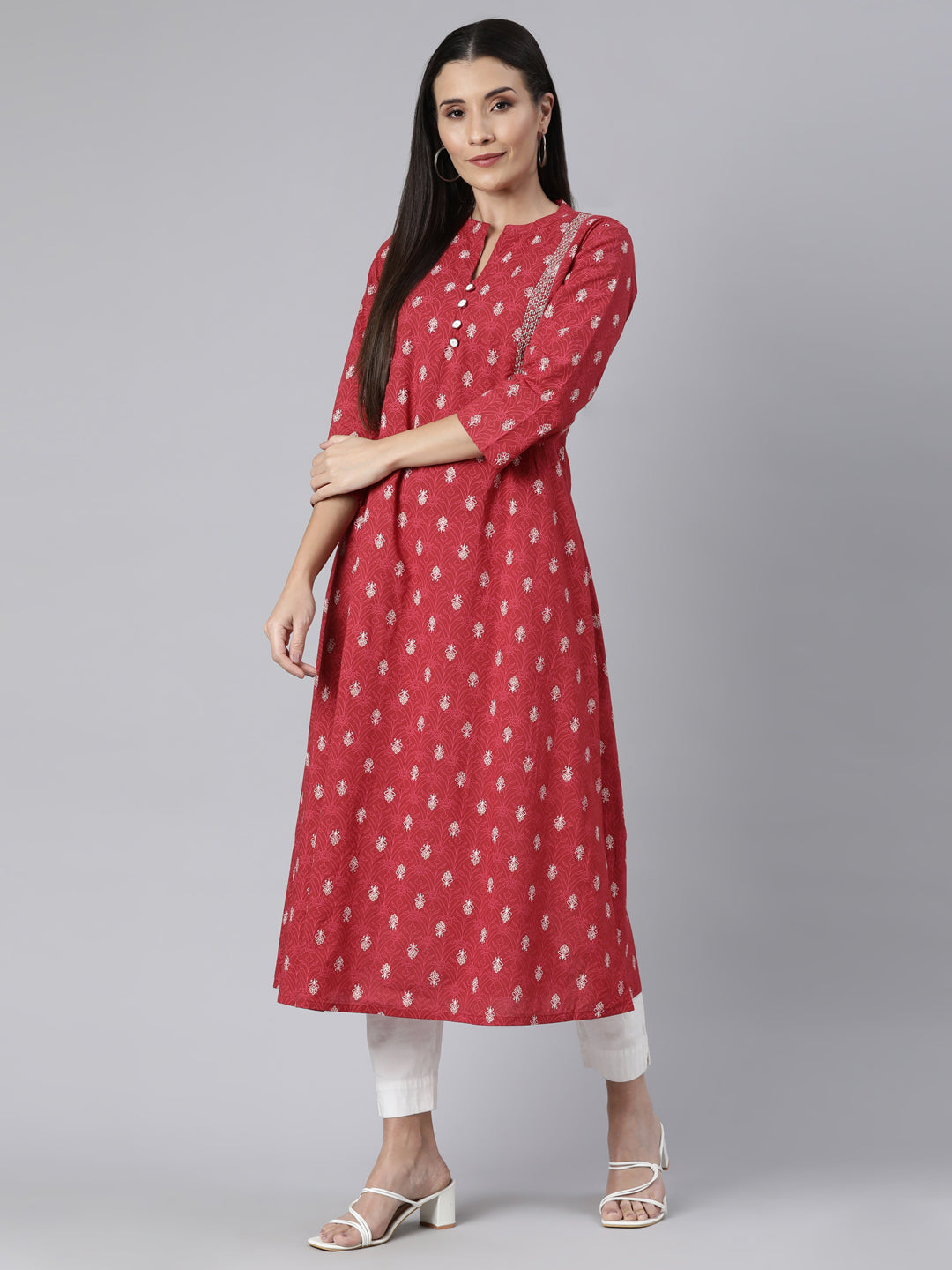 Neerus Pink Regular Straight Floral Kurtas