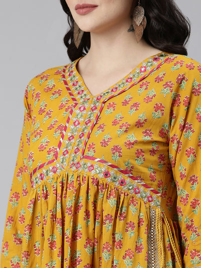 Neeru's Mustard Pleated Straight Printed Readymade suits