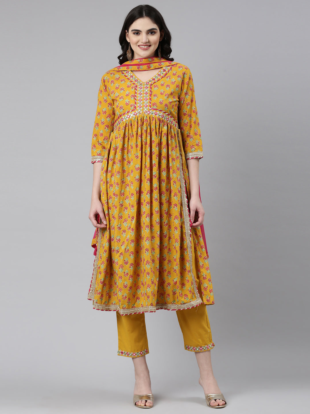 Neeru's Mustard Pleated Straight Printed Readymade suits