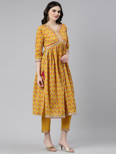 Neeru's Mustard Pleated Straight Printed Readymade suits