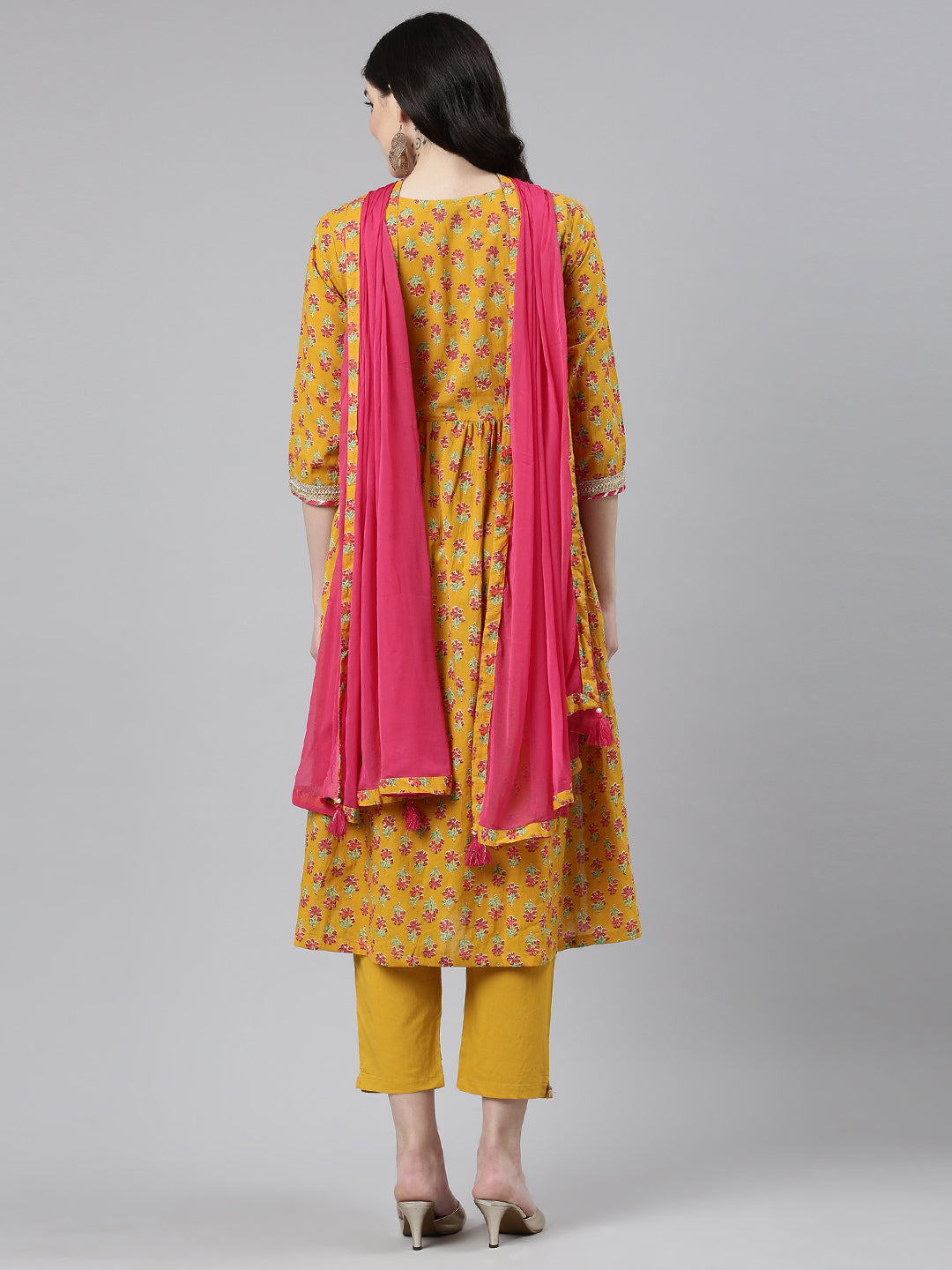 Neeru's Mustard Pleated Straight Printed Readymade suits