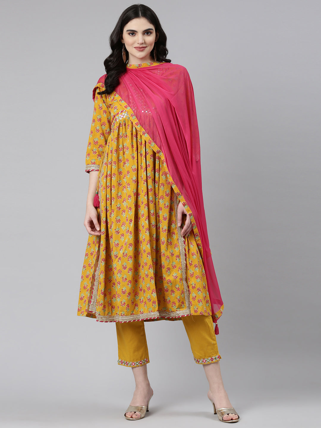 Neeru's Mustard Pleated Straight Printed Readymade suits