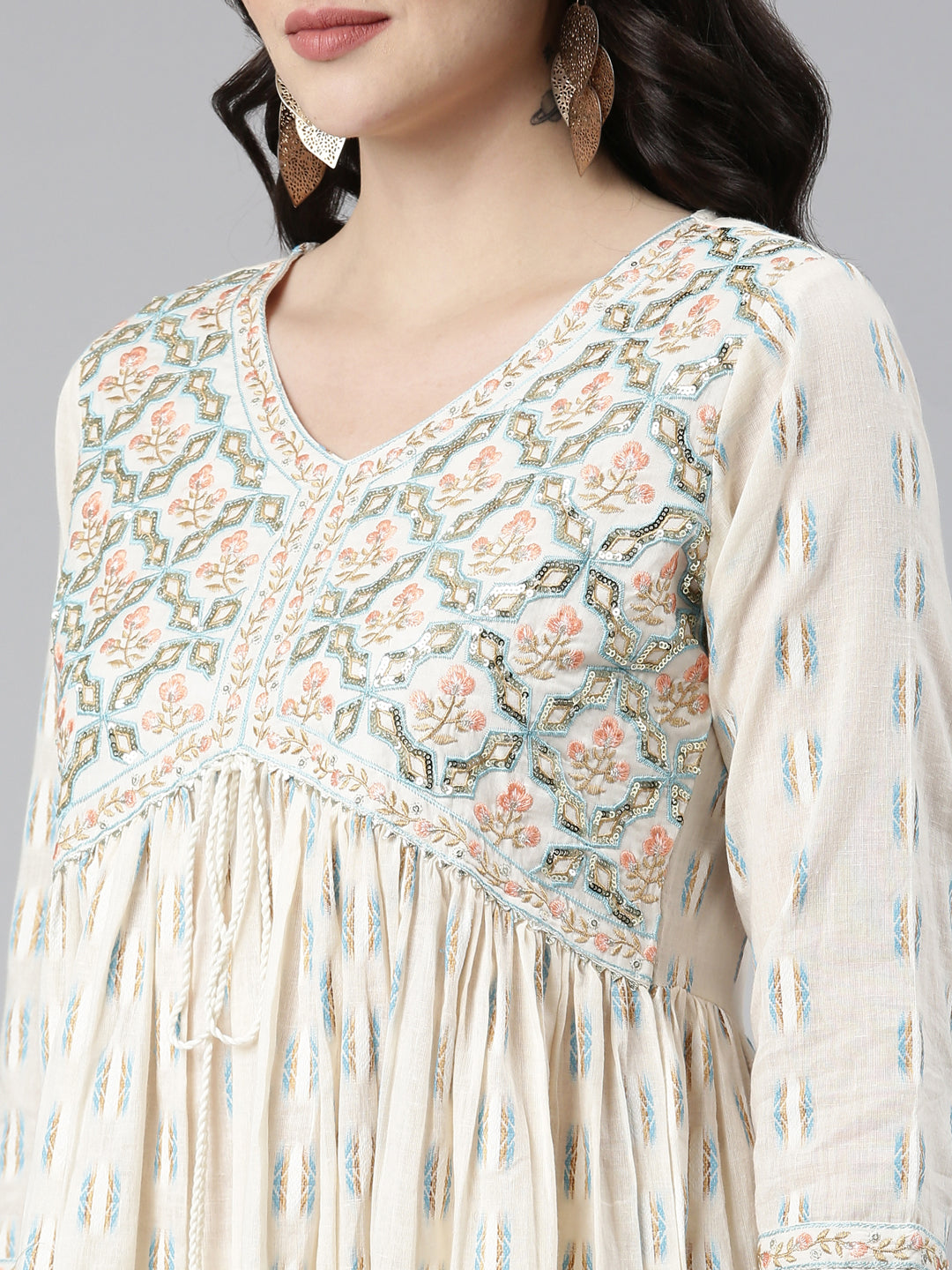 Neeru's Off White Pleated Anarkali Printed Kurta And Trousers With Dupatta