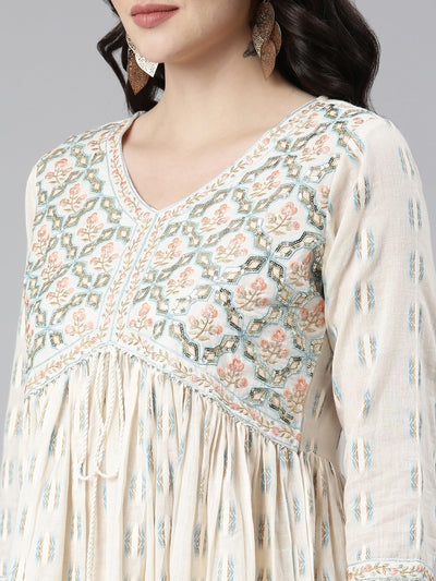 Neeru's Off White Pleated Anarkali Printed Kurta And Trousers With Dupatta