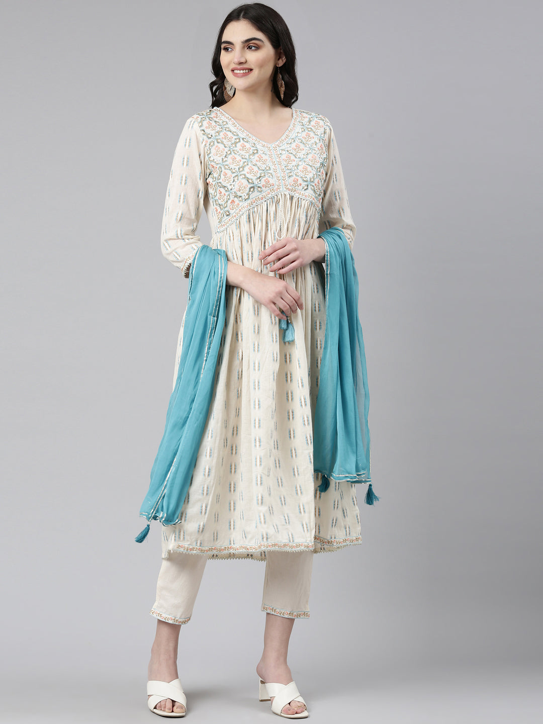 Neeru's Off White Pleated Anarkali Printed Kurta And Trousers With Dupatta