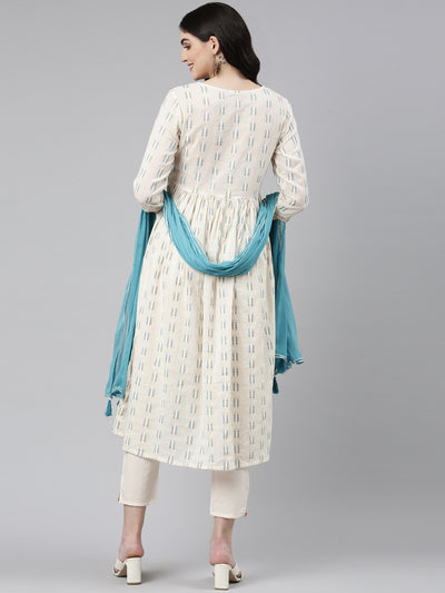 Neeru's Off White Pleated Anarkali Printed Kurta And Trousers With Dupatta