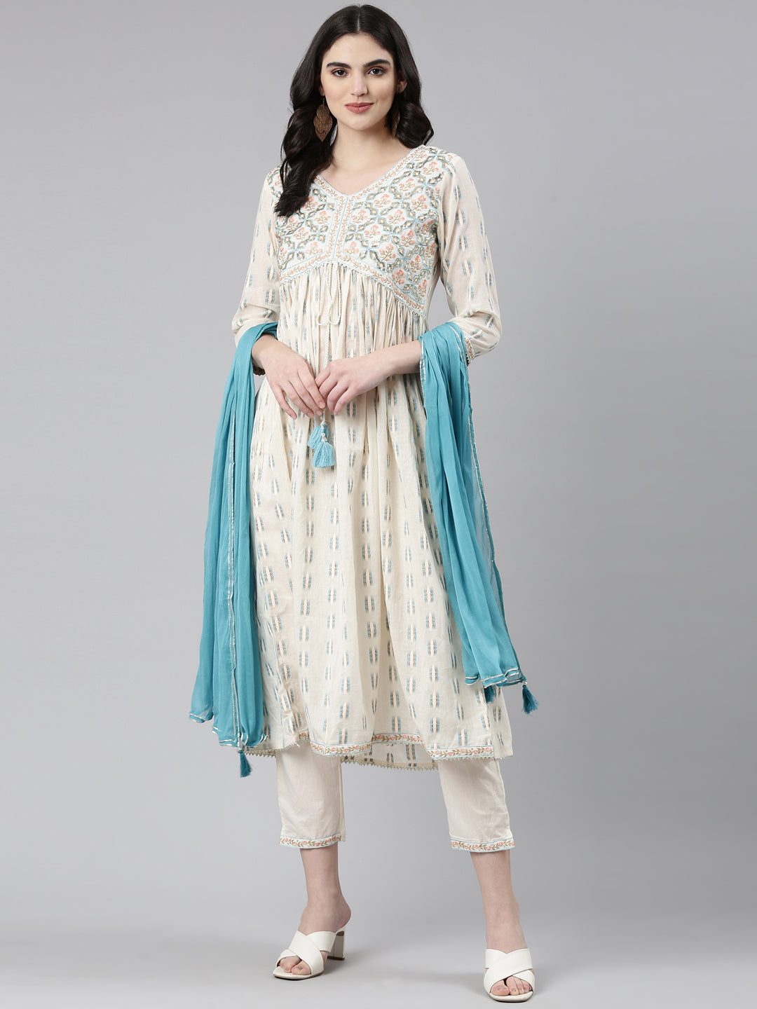 Neeru's Off White Pleated Anarkali Printed Kurta And Trousers With Dupatta