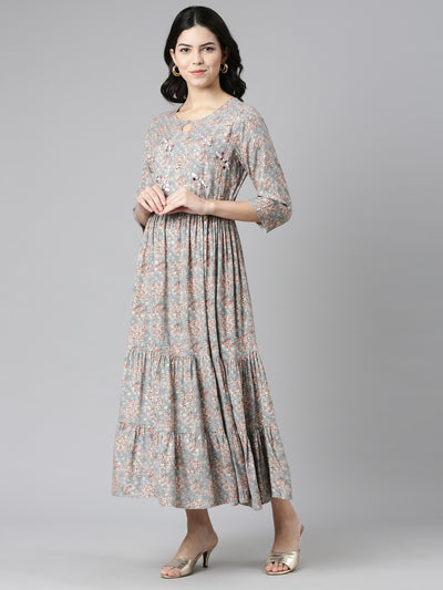 Neeru's Grey Pleated Anarkali Printed Kurtas