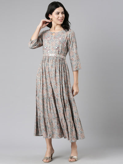 Neeru's Grey Pleated Anarkali Printed Kurtas