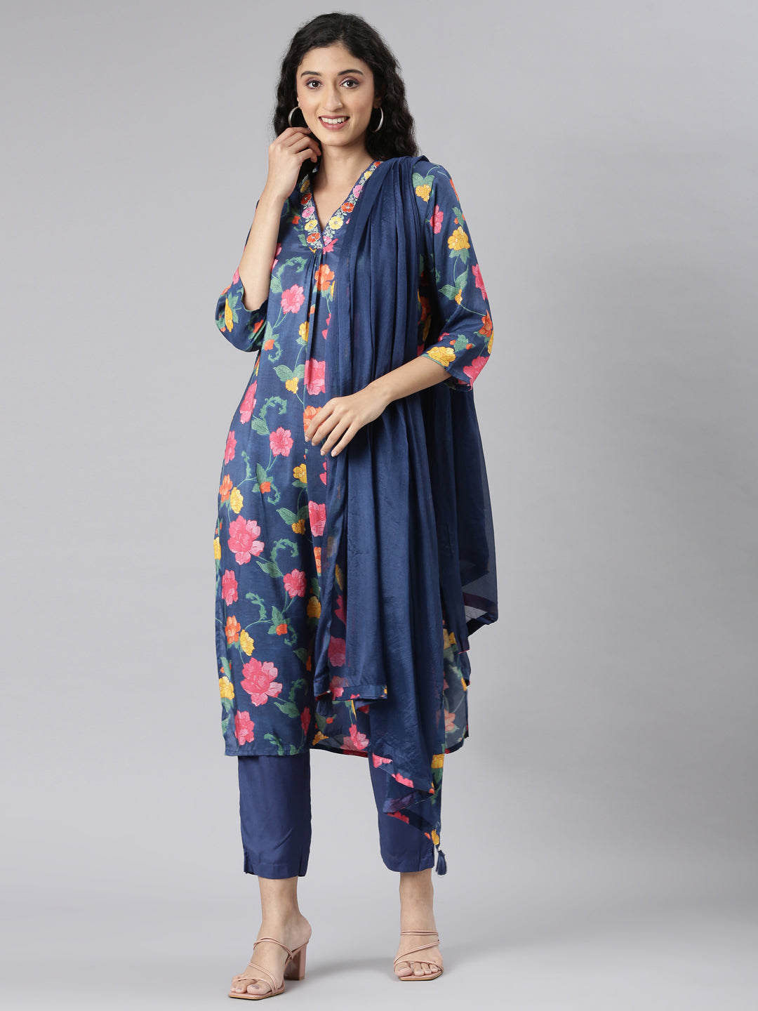 Neerus Blue Straight Casual Floral Kurta and Trouser with Dupatta