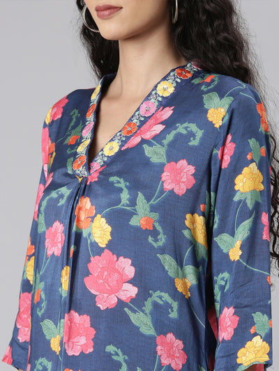 Neerus Blue Straight Casual Floral Kurta and Trouser with Dupatta