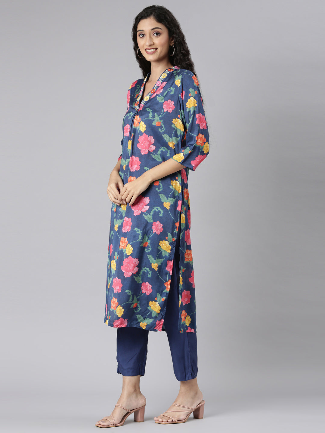 Neerus Blue Straight Casual Floral Kurta and Trouser with Dupatta