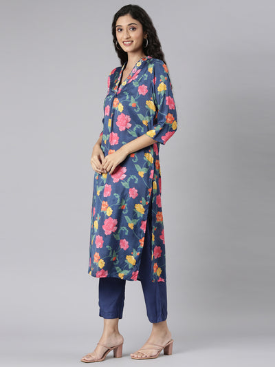 Neerus Blue Straight Casual Floral Kurta and Trouser with Dupatta