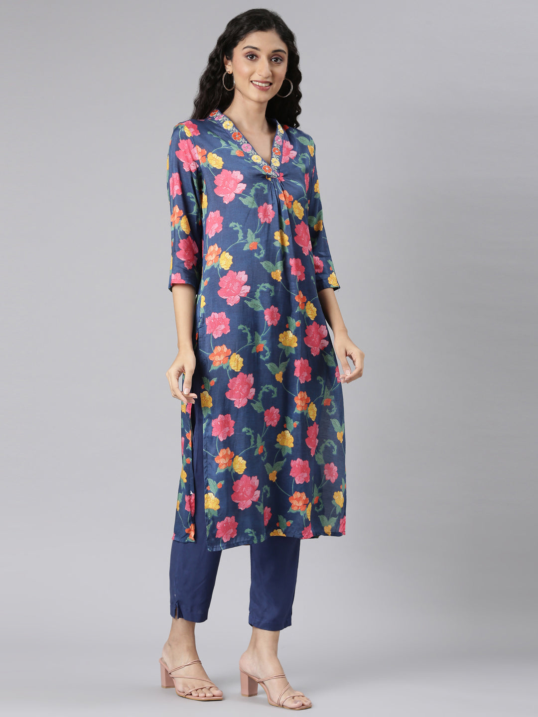 Neerus Blue Straight Casual Floral Kurta and Trouser with Dupatta