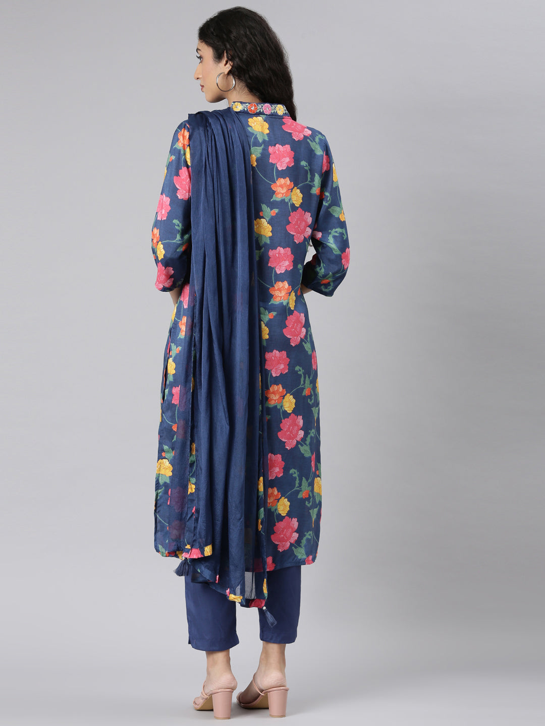 Neerus Blue Straight Casual Floral Kurta and Trouser with Dupatta