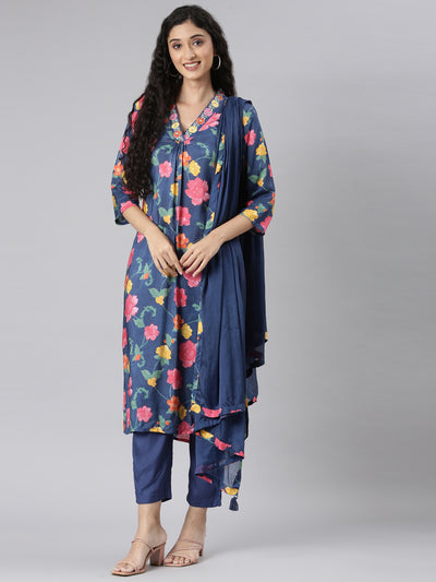 Neerus Blue Straight Casual Floral Kurta and Trouser with Dupatta