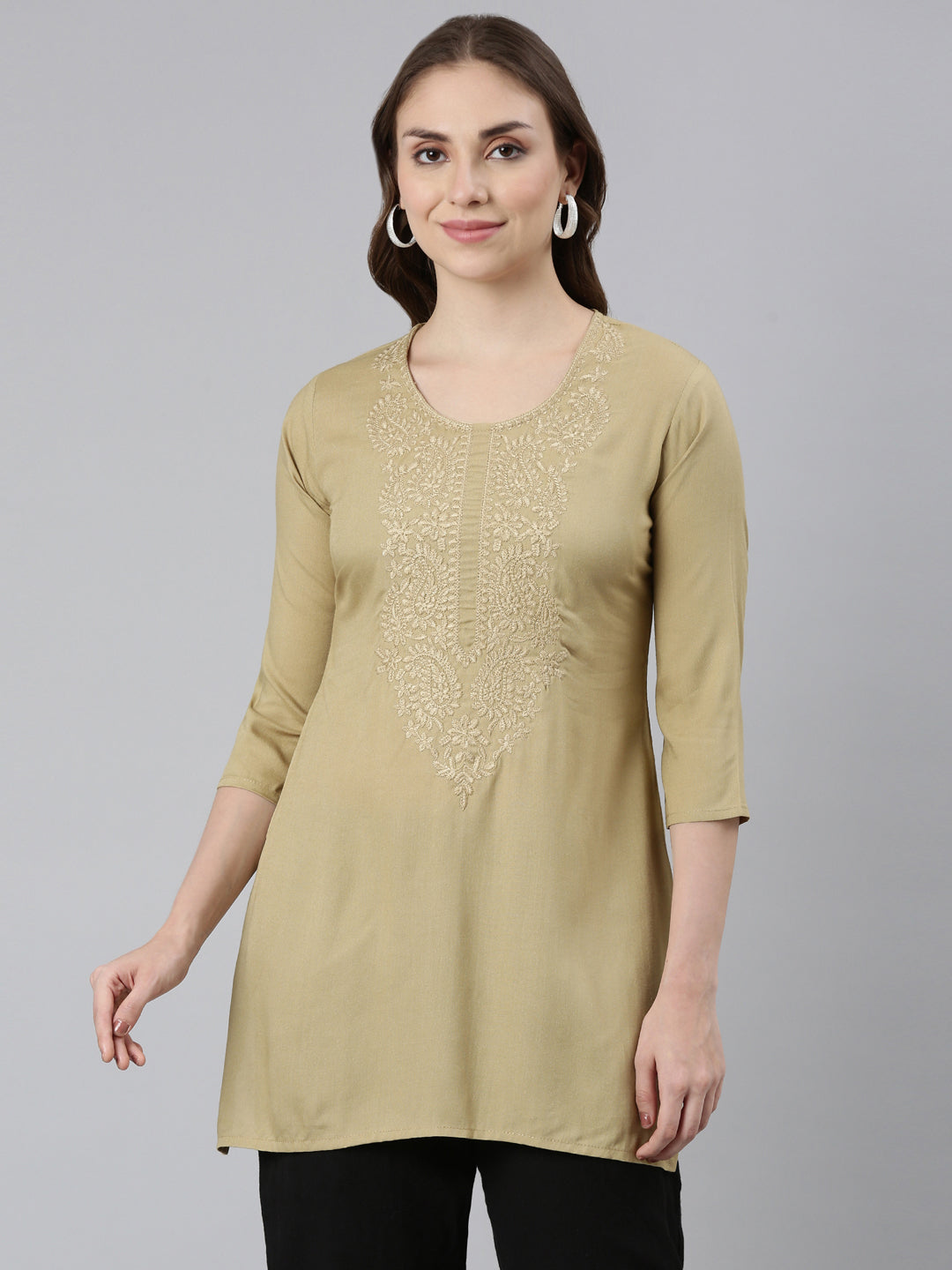 Neerus Beige Straight Casual Solid Straight Kurtas