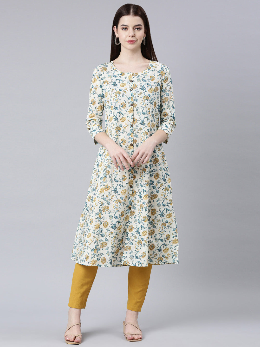 Neerus Mustard Straight Casual Floral Straight Kurtas